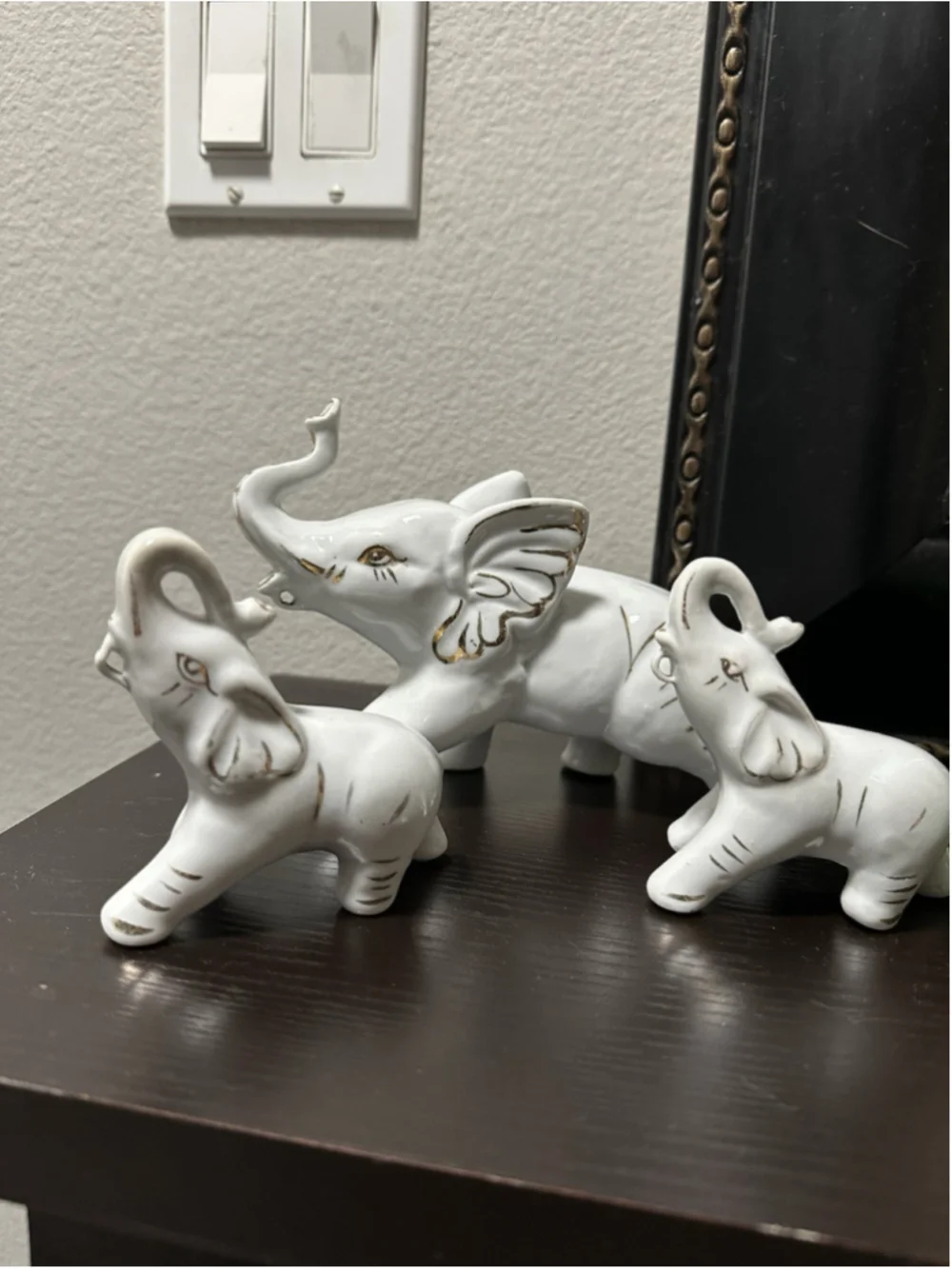 Set of 3 White Porcelain Elephant Figurines with Gold Accents - Figurine Set